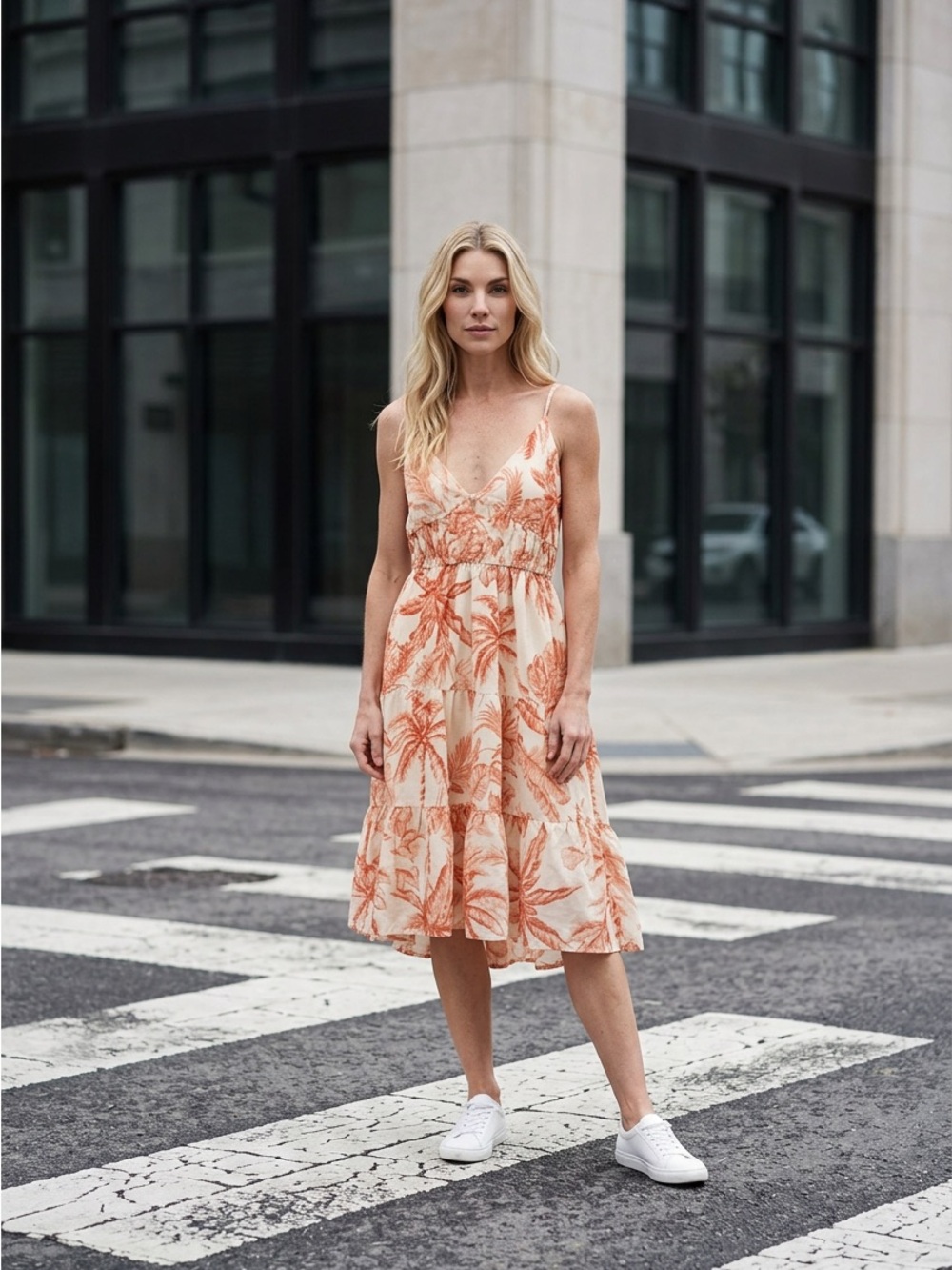 Spaghetti Strap Tiered Sundress in Peach Palm Print
